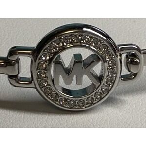 Michael Kors MK Silver Tone Logo Bangle Bracelet Crystal Pave Halo Hinged Cuff